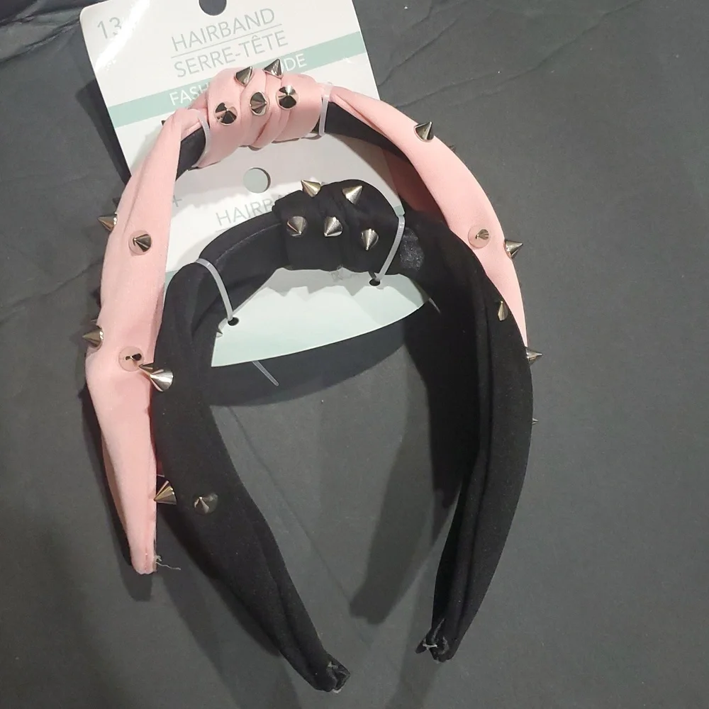 2pack Pink and black‎ fabric spiky metal studded knotted headbands new